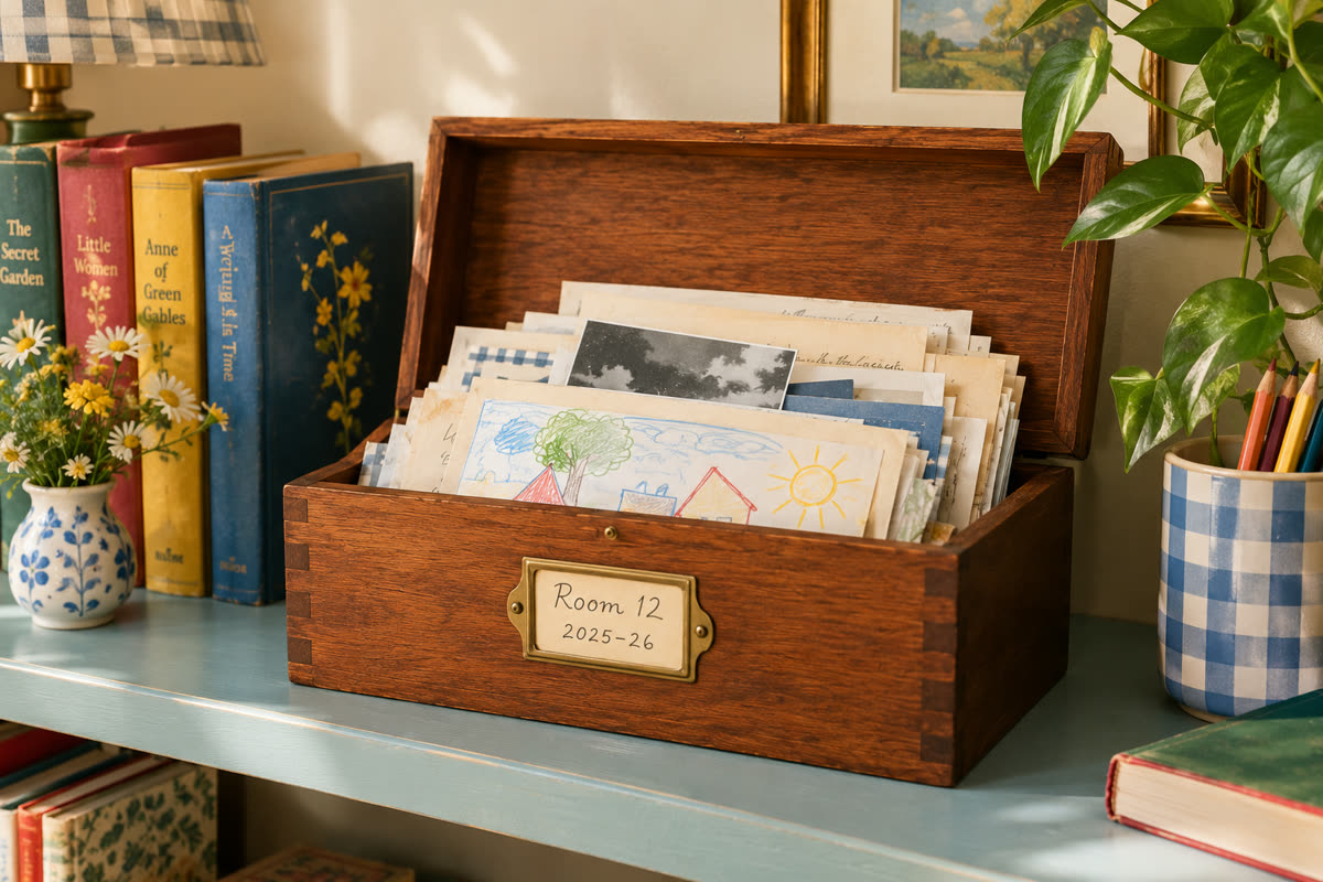 A wooden keepsake box open on a painted bookshelf beside colorful books and a plant